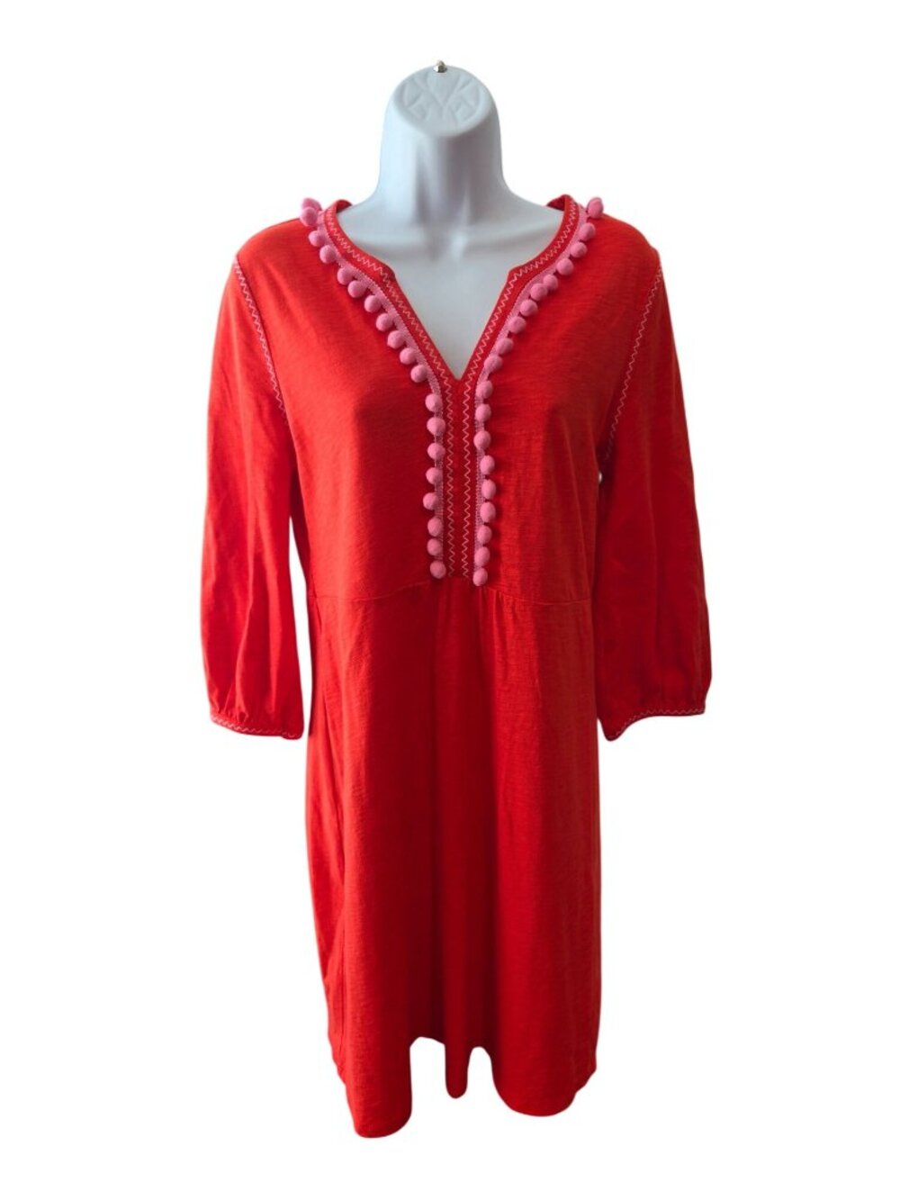Boden Womens Red Pink Pom Pom Trim Cotton Tunic Dress US 6L Boho Coastal